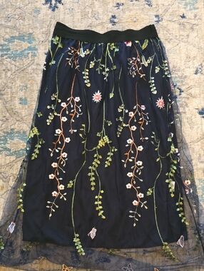 Navy Floral Embroidered Mesh Midi Skirt with Green Vine Accents